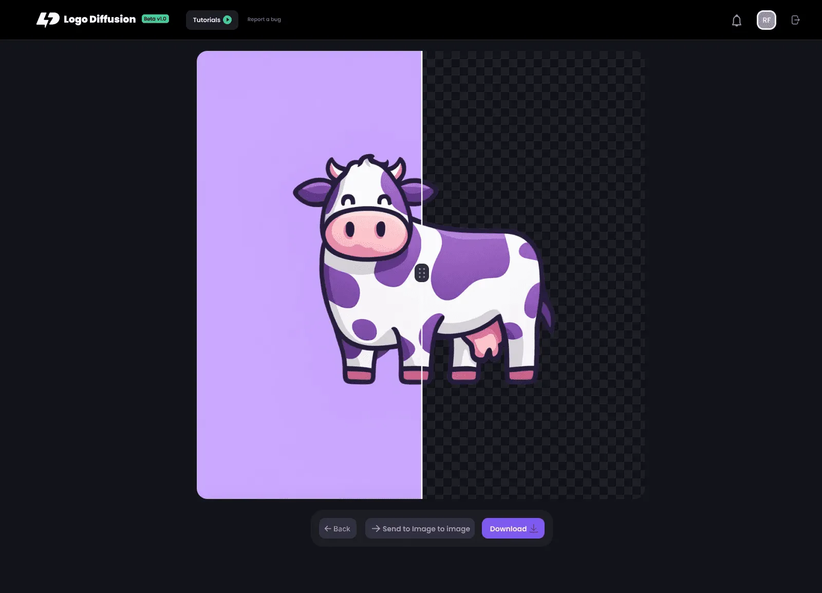 A logo editor interface displaying a cute cartoon cow with purple spots. The left half shows the cow on a light purple background, while the right half shows the same cow with the background removed.