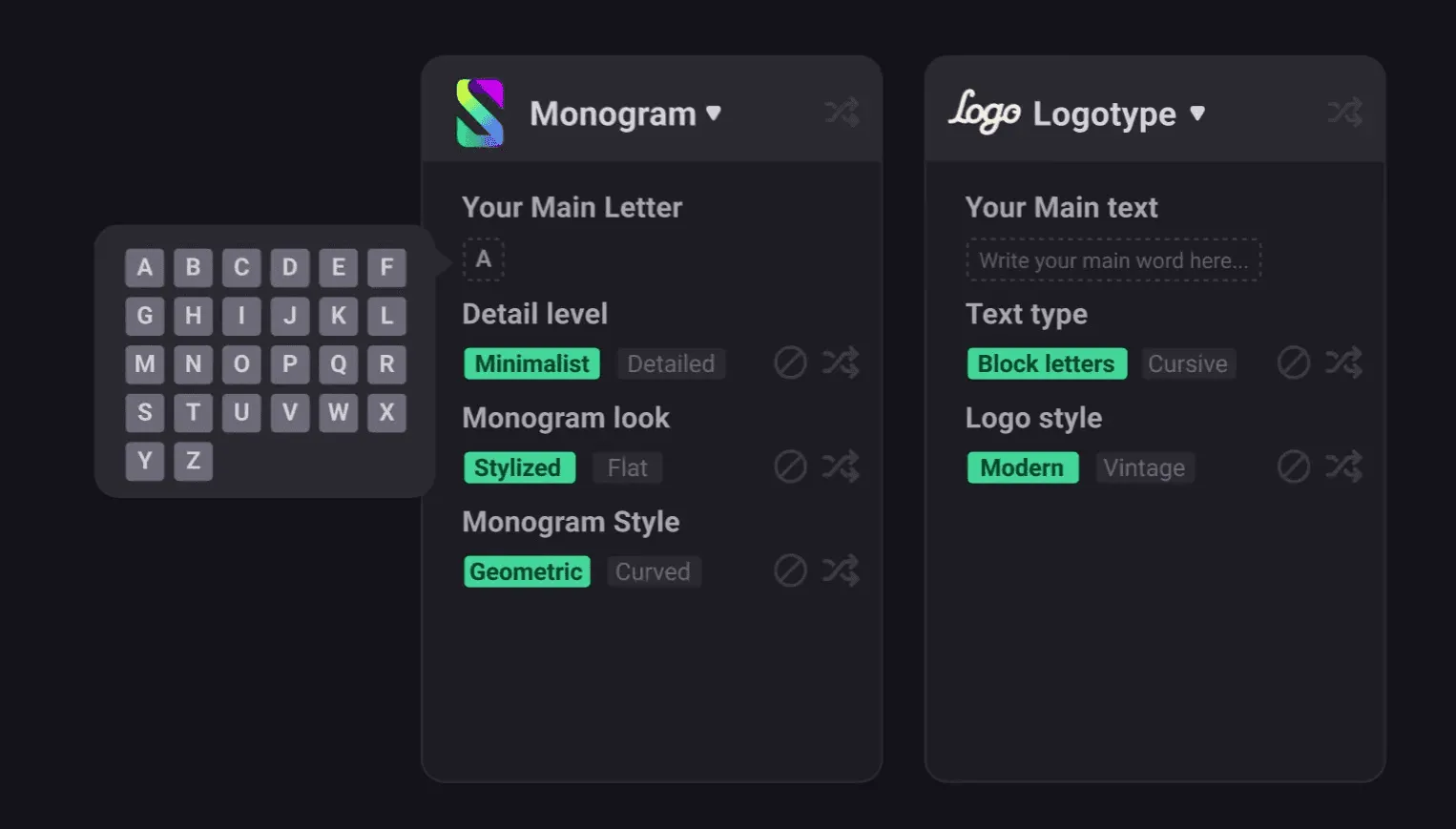 Preview of the settings of the “Logotype” and “Monogram” styles