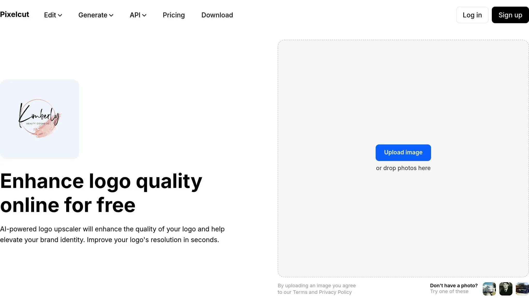 A website page titled “Enhance logo quality online for free” features an image upload area and navigation menu at the top.