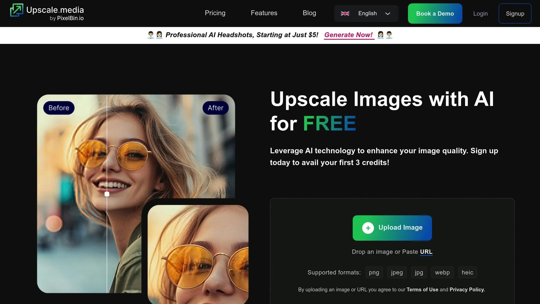 The Upscale.media homepage promotes free AI image upscaling with a before-and-after photo example and an upload button.