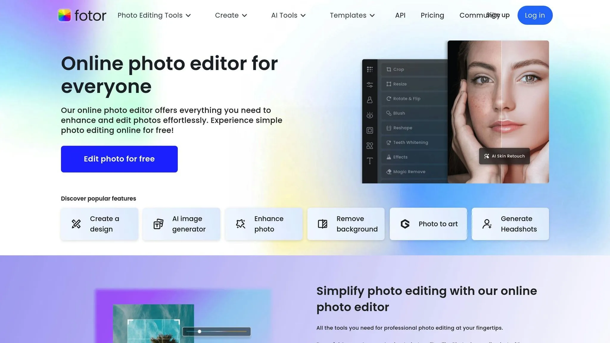 The Fotor homepage advertises an online photo editor with a “Edit photo for free” button and various editing tools displayed.