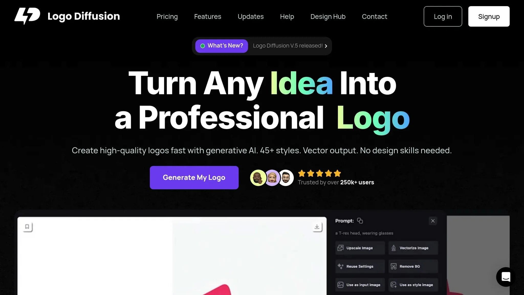 A website homepage for “Logo Diffusion” features the headline “Turn Any Idea Into a Professional Logo” with a prominent “Generate My Logo” button.