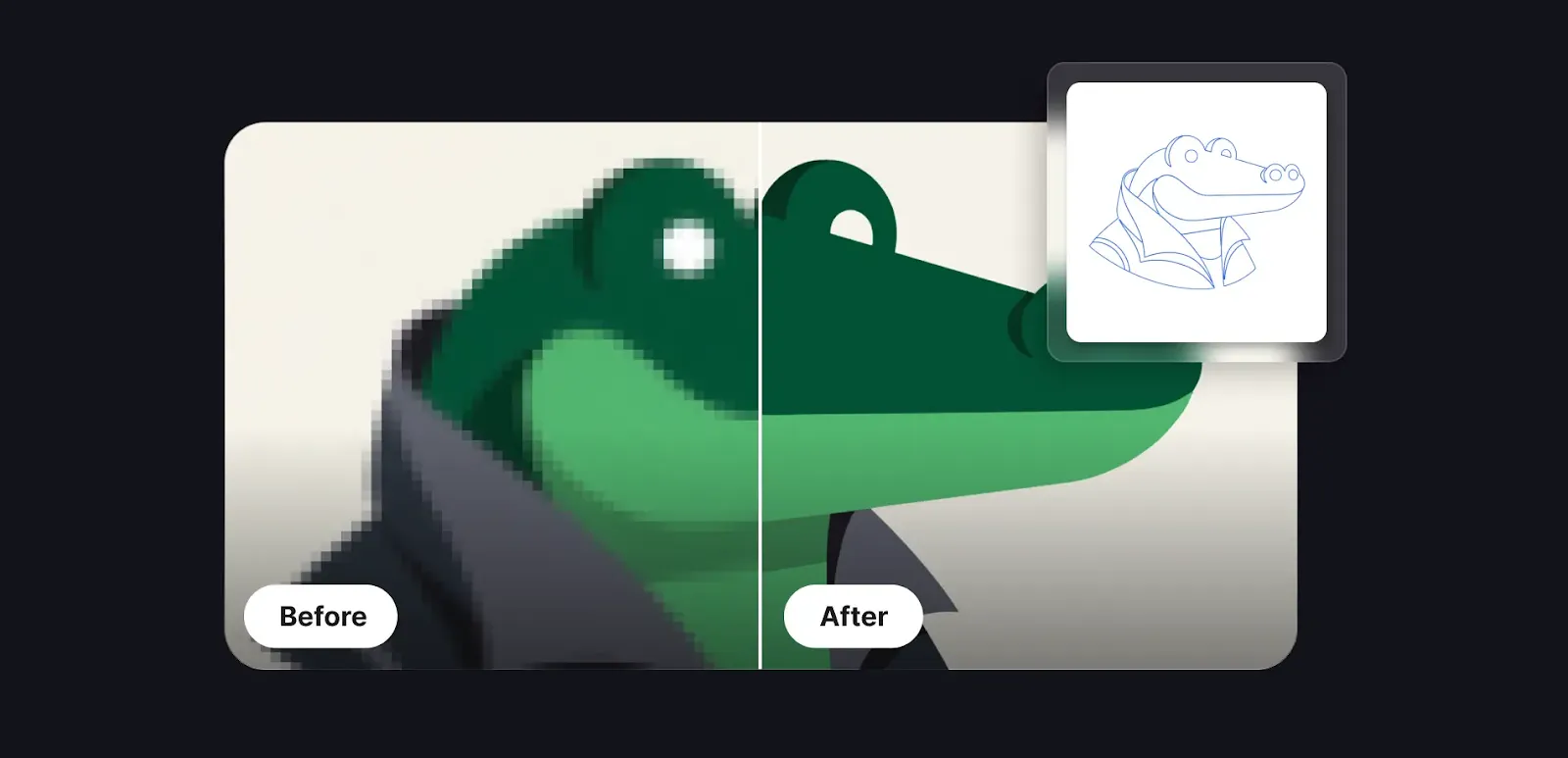 Before-and-after comparison showing a blurry green crocodile logo refined into a clean, sharp vector outline.
