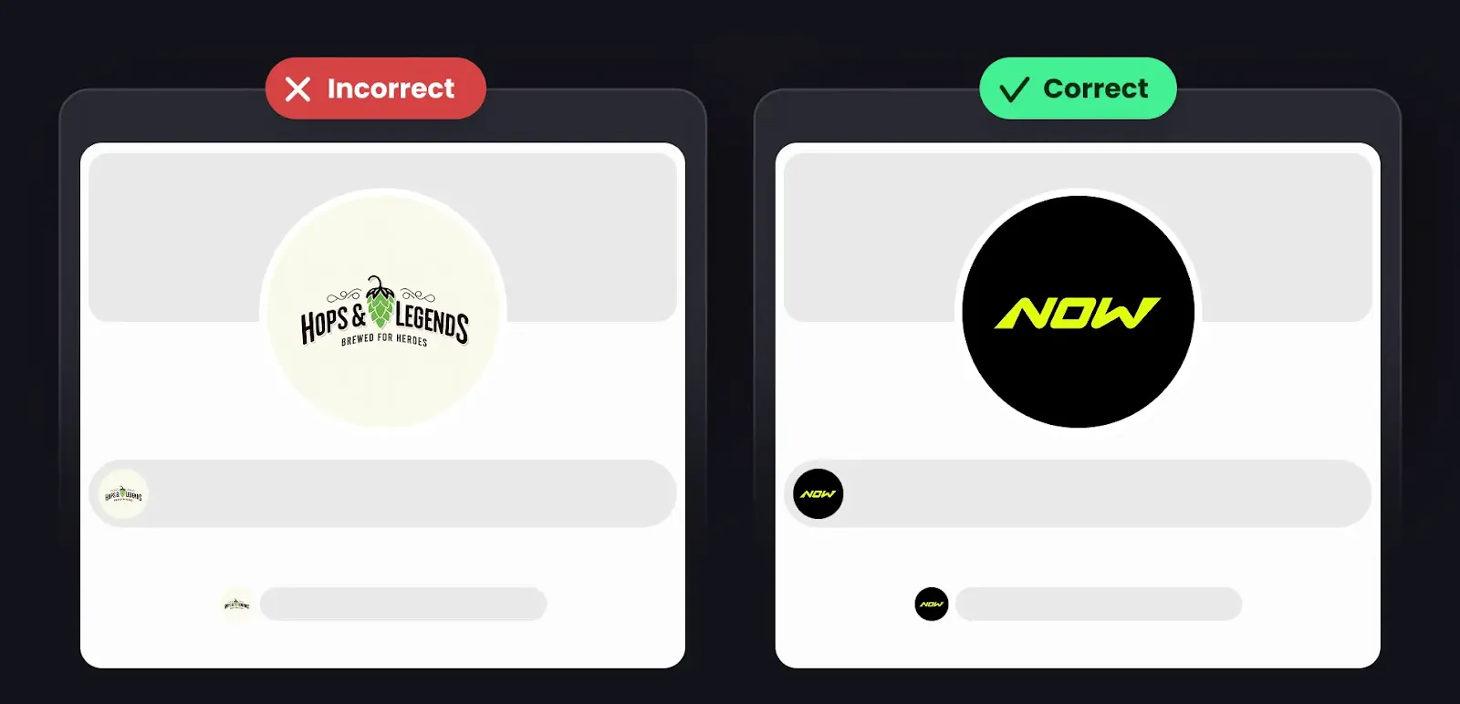 Comparison showing incorrect oversized logo placement versus correct properly scaled circular logo on a profile layout.