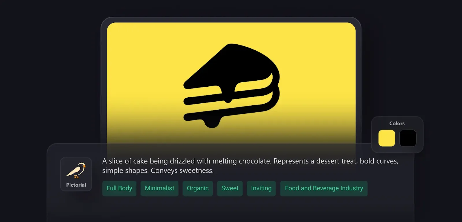 Minimal black cake slice logo on a yellow background with descriptive style tags and color options.