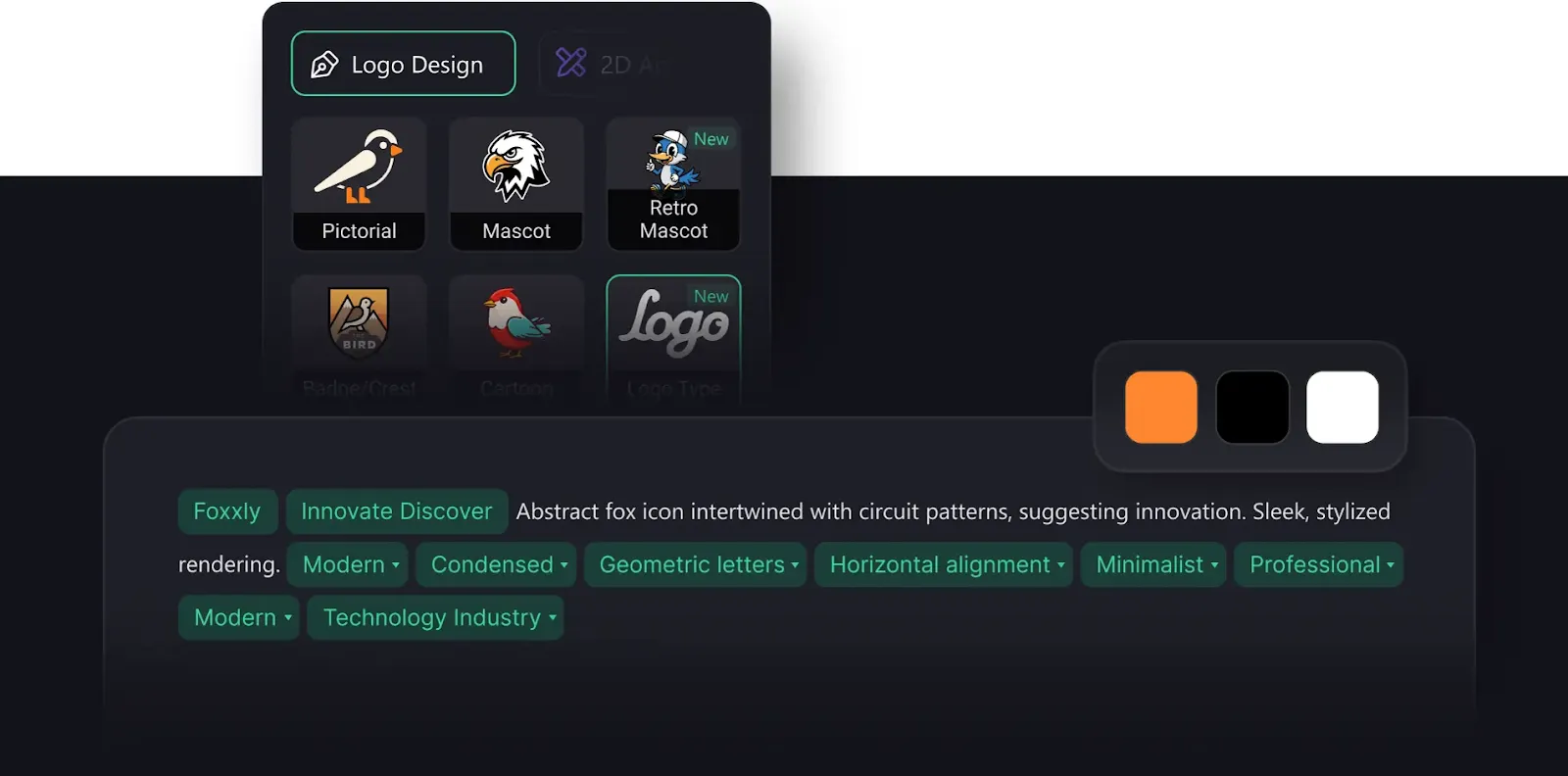 Logo design interface showing style options and an enhanced abstract fox logo prompt with selected color palette.