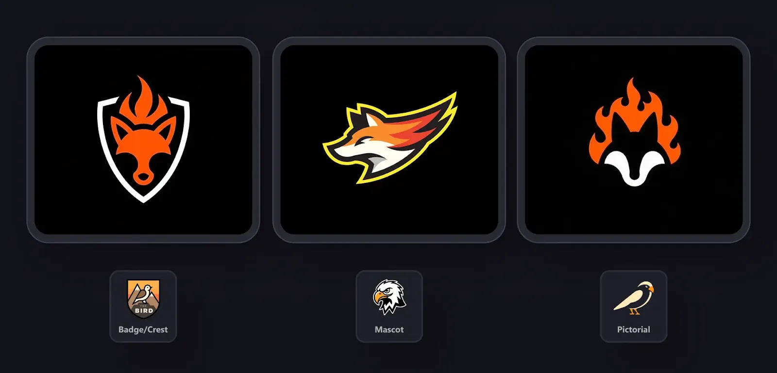 Three fox-themed logo concepts labeled Badge/Crest, Mascot, and Pictorial displayed on a dark background.