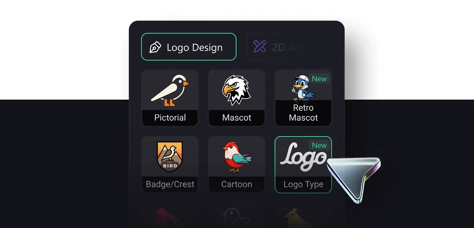 Logo design interface showing style options like Pictorial, Mascot, Retro Mascot, Badge/Crest, Cartoon, and Logo Type.