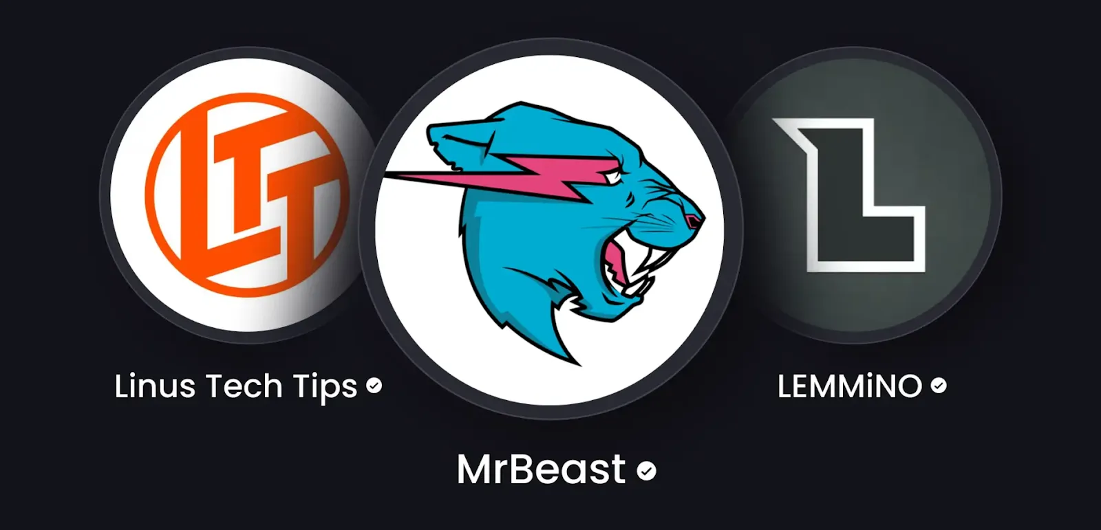 Circular profile logos of Linus Tech Tips, MrBeast, and LEMMiNO displayed side by side.