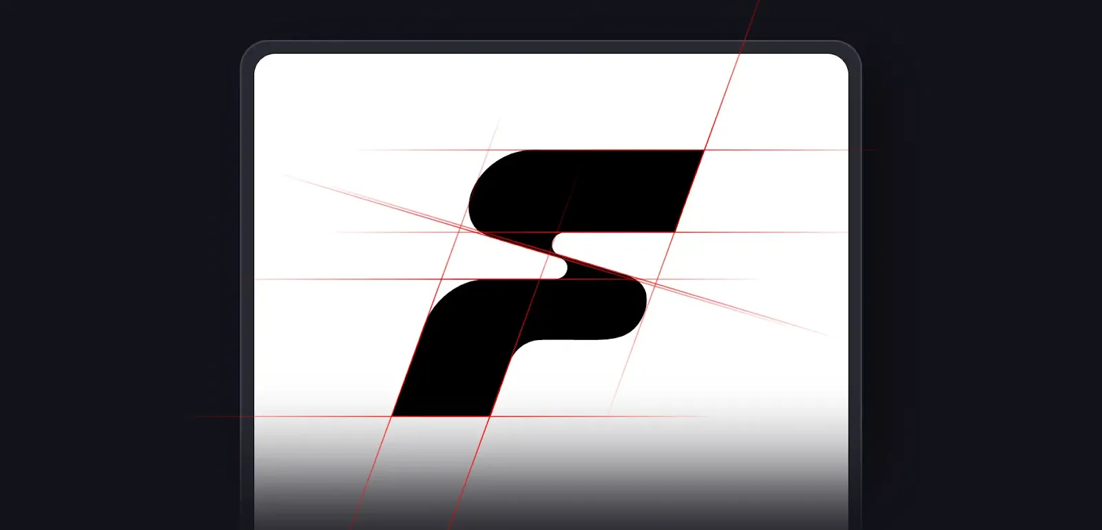 Close-up of a stylized black letterform logo with red alignment grid lines overlaid on a white canvas.