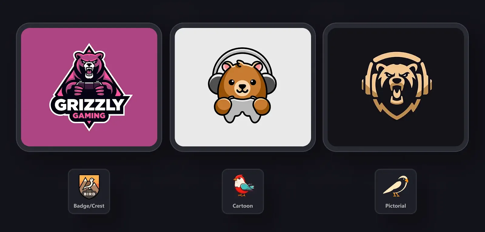 Three mascot-style logo examples shown: a pink grizzly gaming badge, a cute cartoon bear with headphones, and a gold bear crest on a dark background.