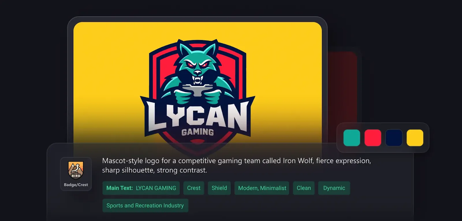 Mascot-style wolf gaming logo labeled “LYCAN GAMING” displayed with color palette options and style tags.