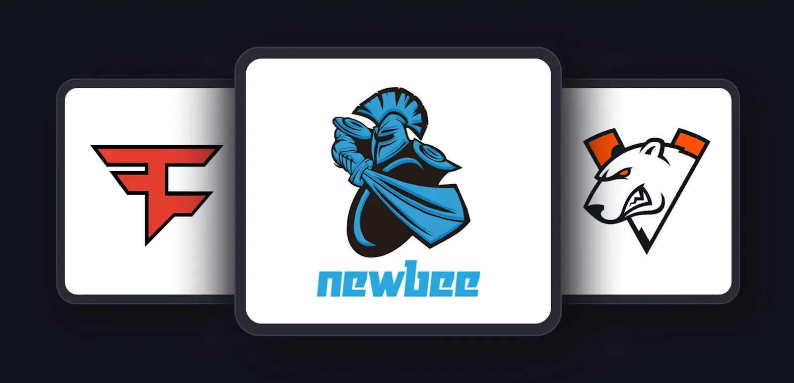 Three esports-style logos displayed side by side, featuring a red emblem, a blue knight mascot with “newbee” text, and a stylized bear head.