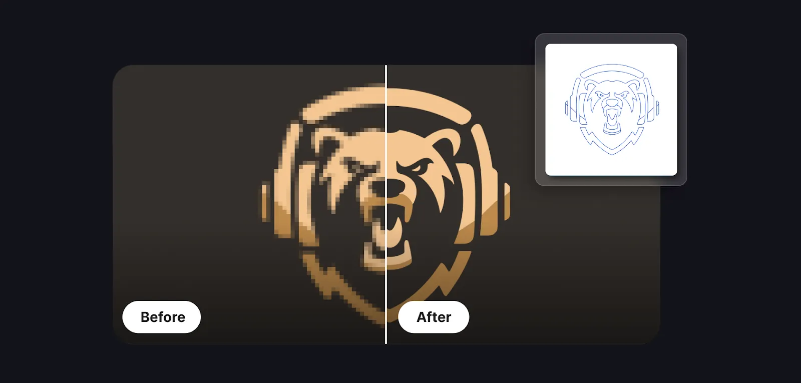 Before-and-after comparison of a bear-with-headphones logo being refined into a cleaner, sharper vector outline.