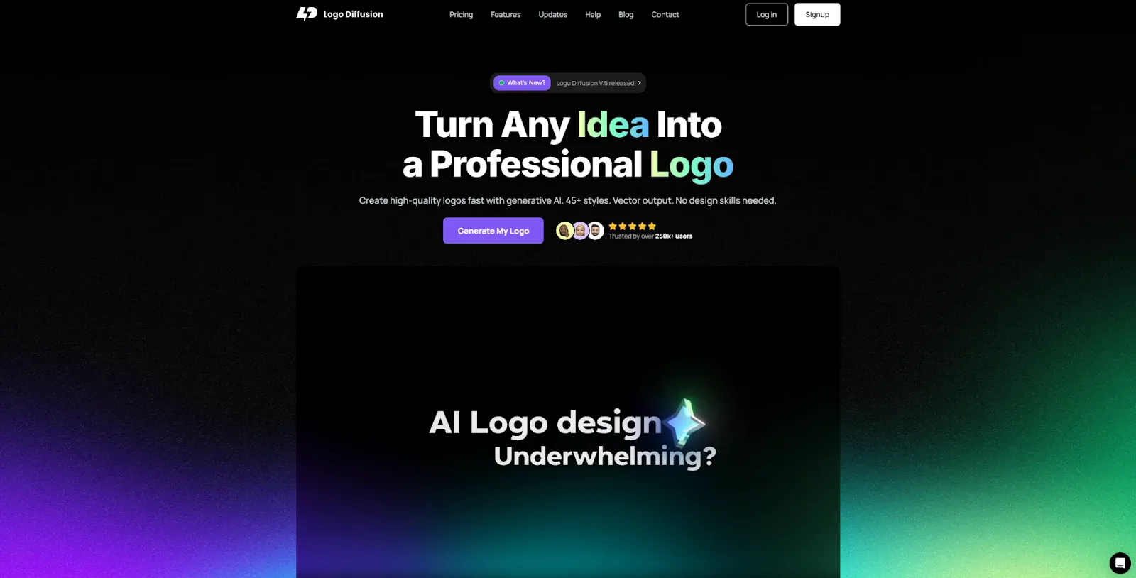 Homepage hero section of Logo Diffusion with the headline.