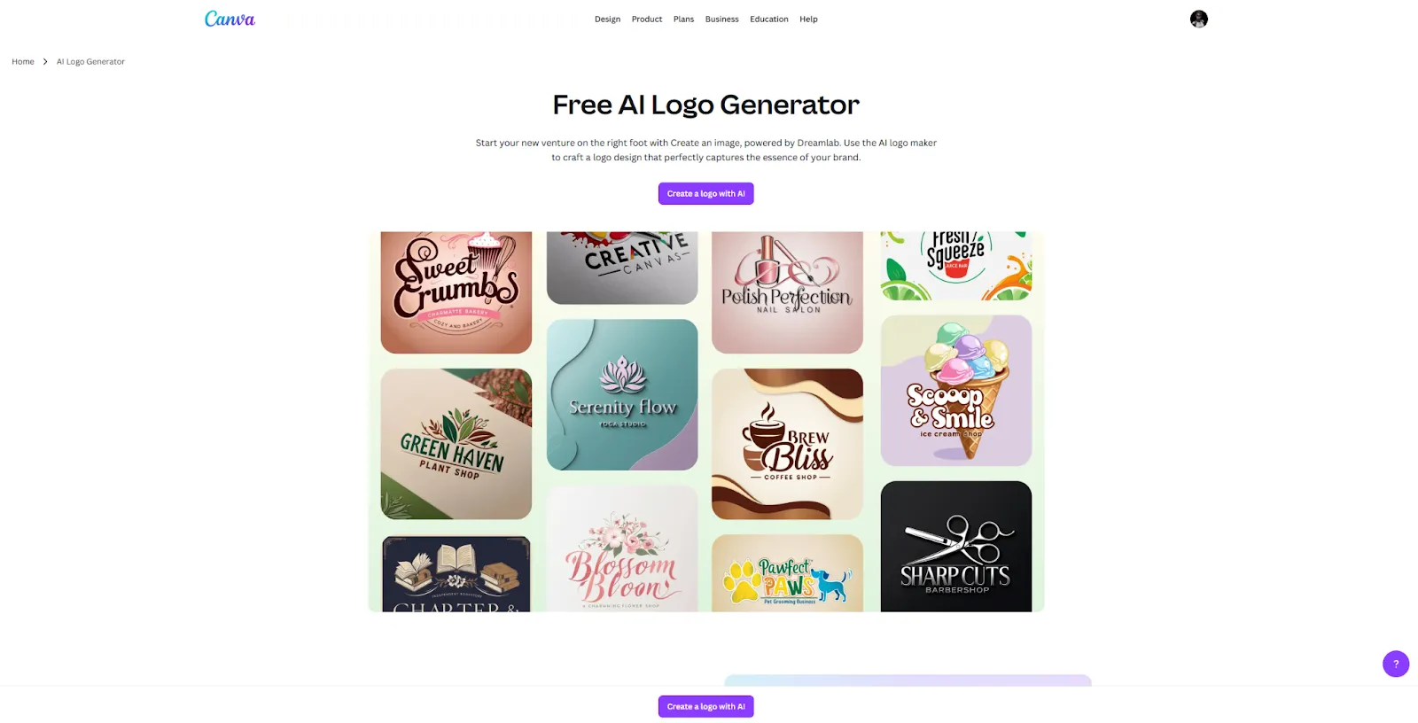 Canva Free AI Logo Generator page displaying a grid of example logo designs.
