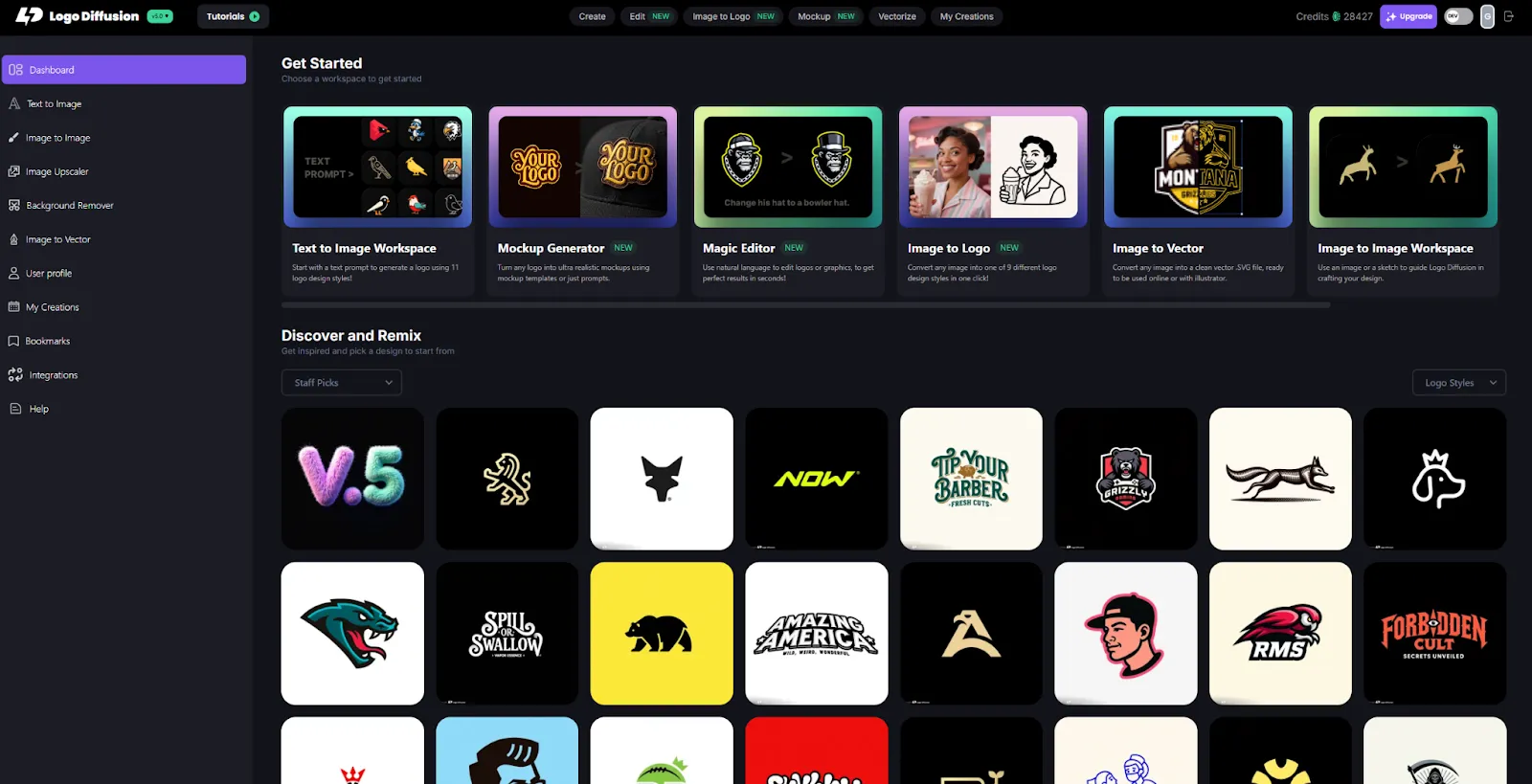 Logo Diffusion dashboard interface displaying workspace options and a gallery of logo styles.