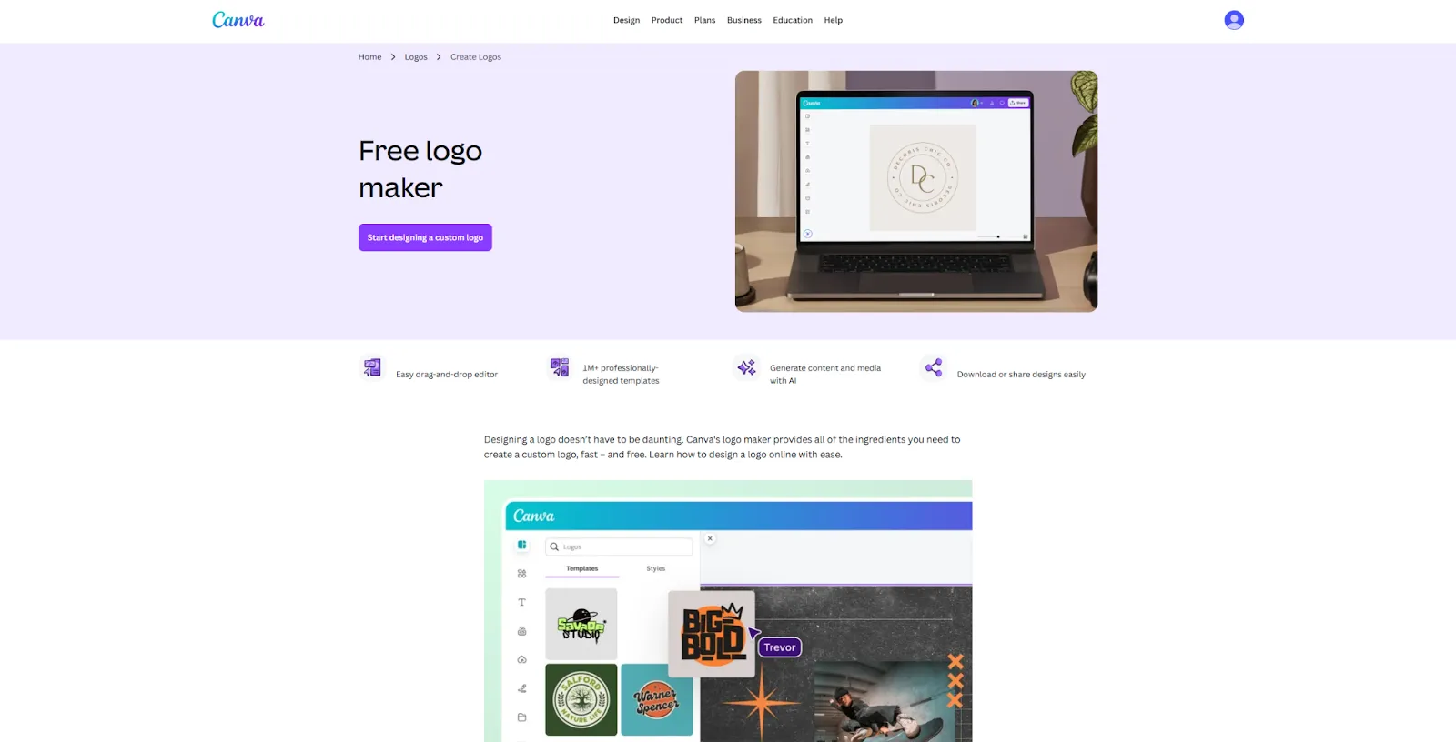 Canva free logo maker webpage showing a logo editor preview on a laptop screen.