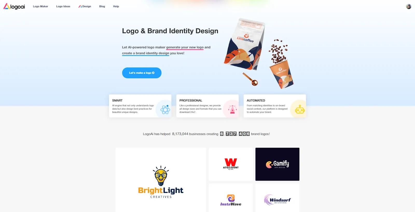 Logoai homepage promoting AI-powered logo and brand identity design services.