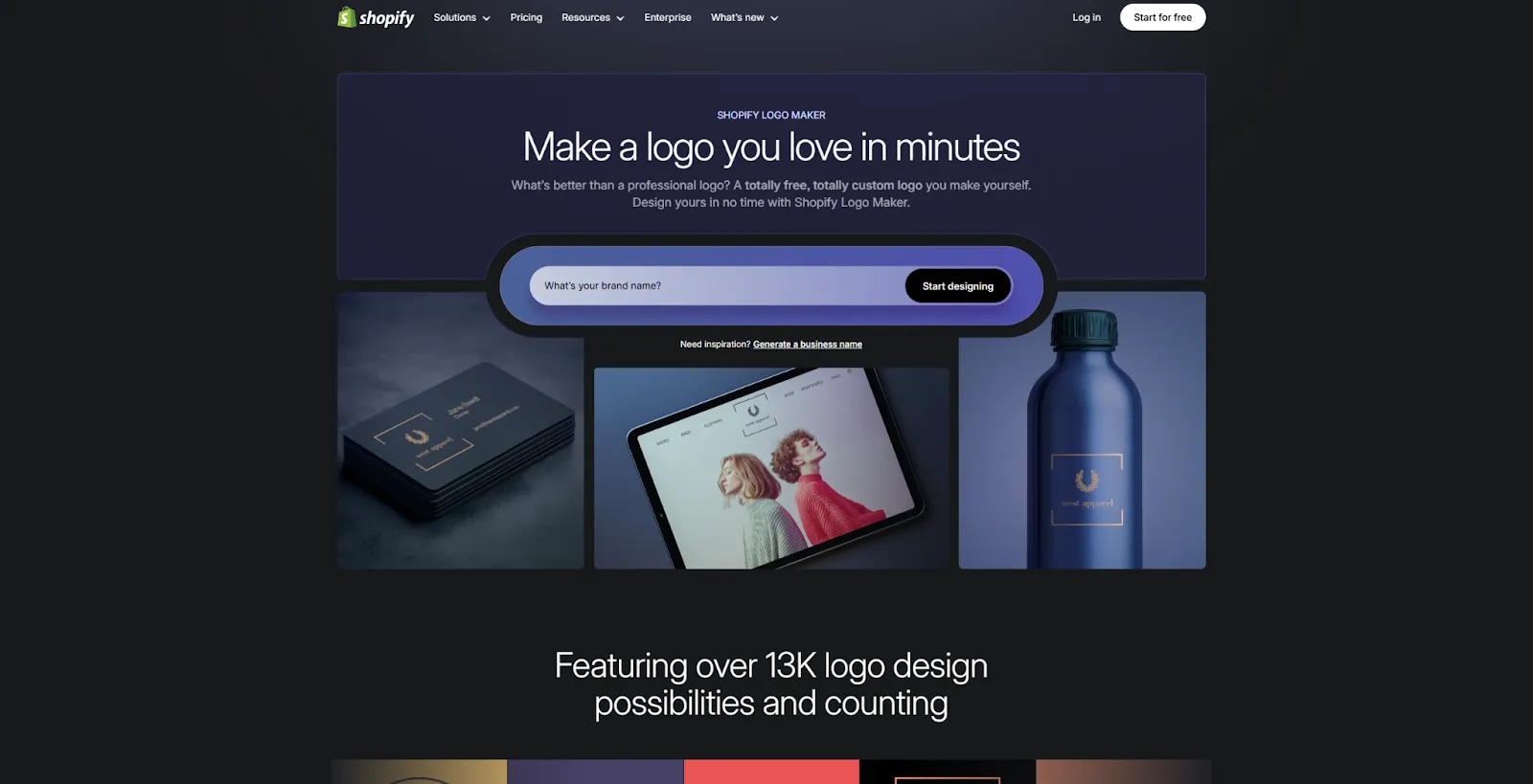 Shopify Logo Maker homepage inviting users to create a logo in minutes.