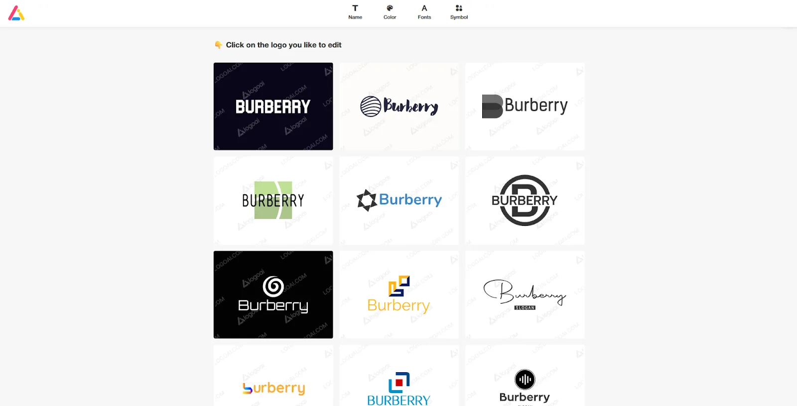Logoai editor screen showing multiple generated logo variations to choose and edit.