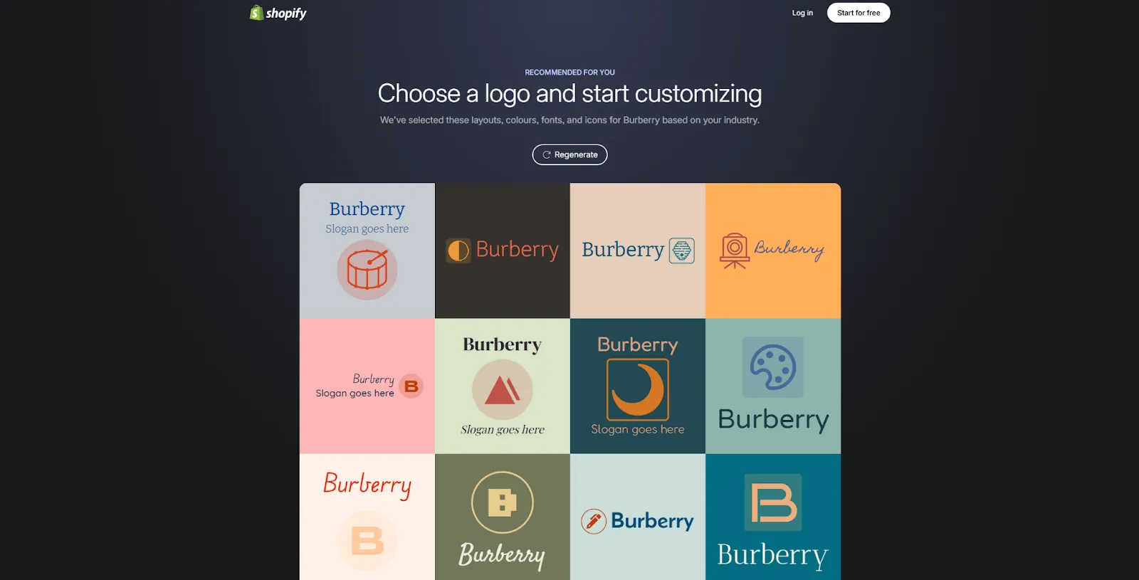 Shopify interface showing multiple logo templates to choose and customize.