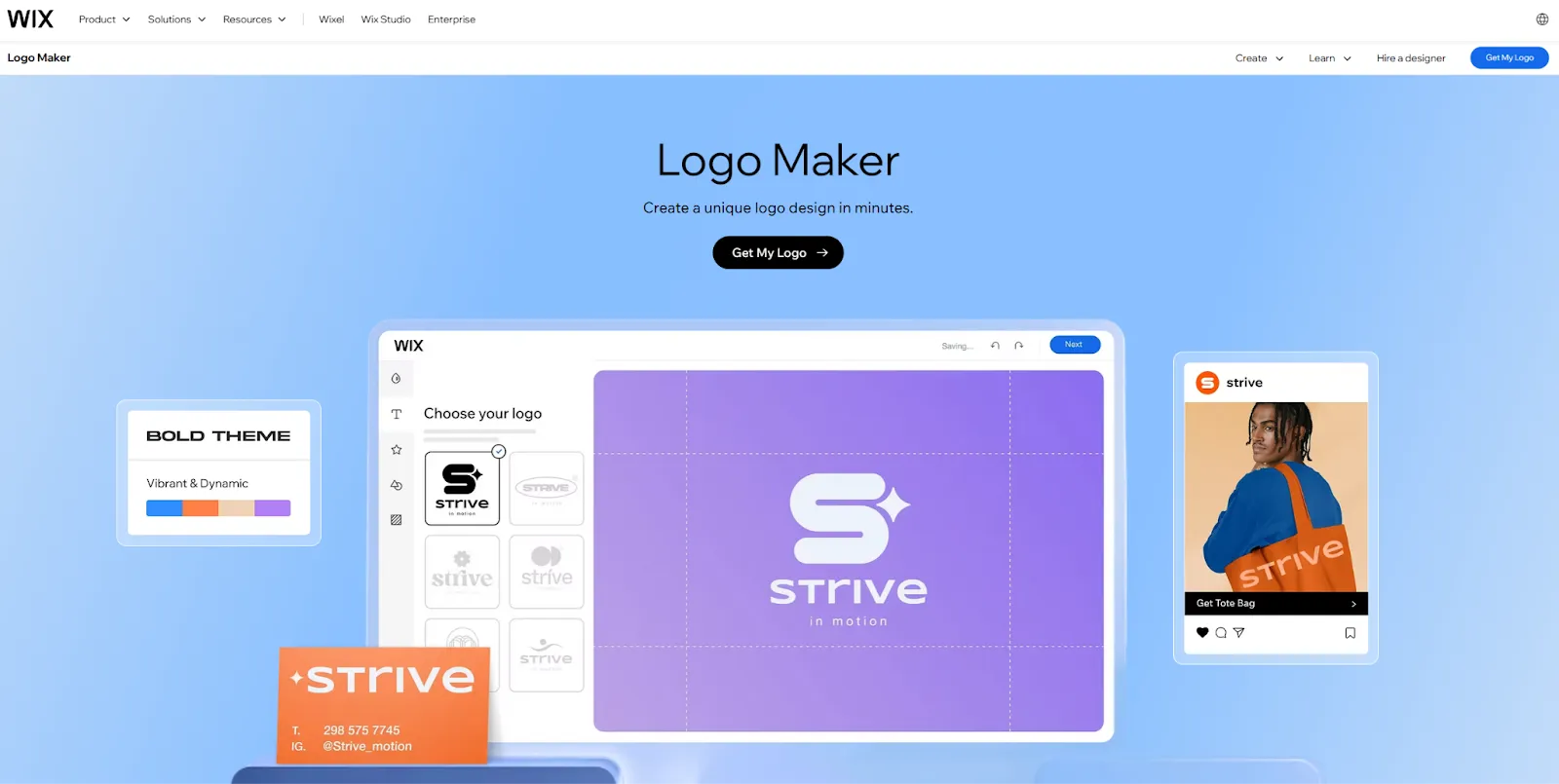 Wix Logo Maker homepage showing a logo editor preview and branding mockups on a blue background.
