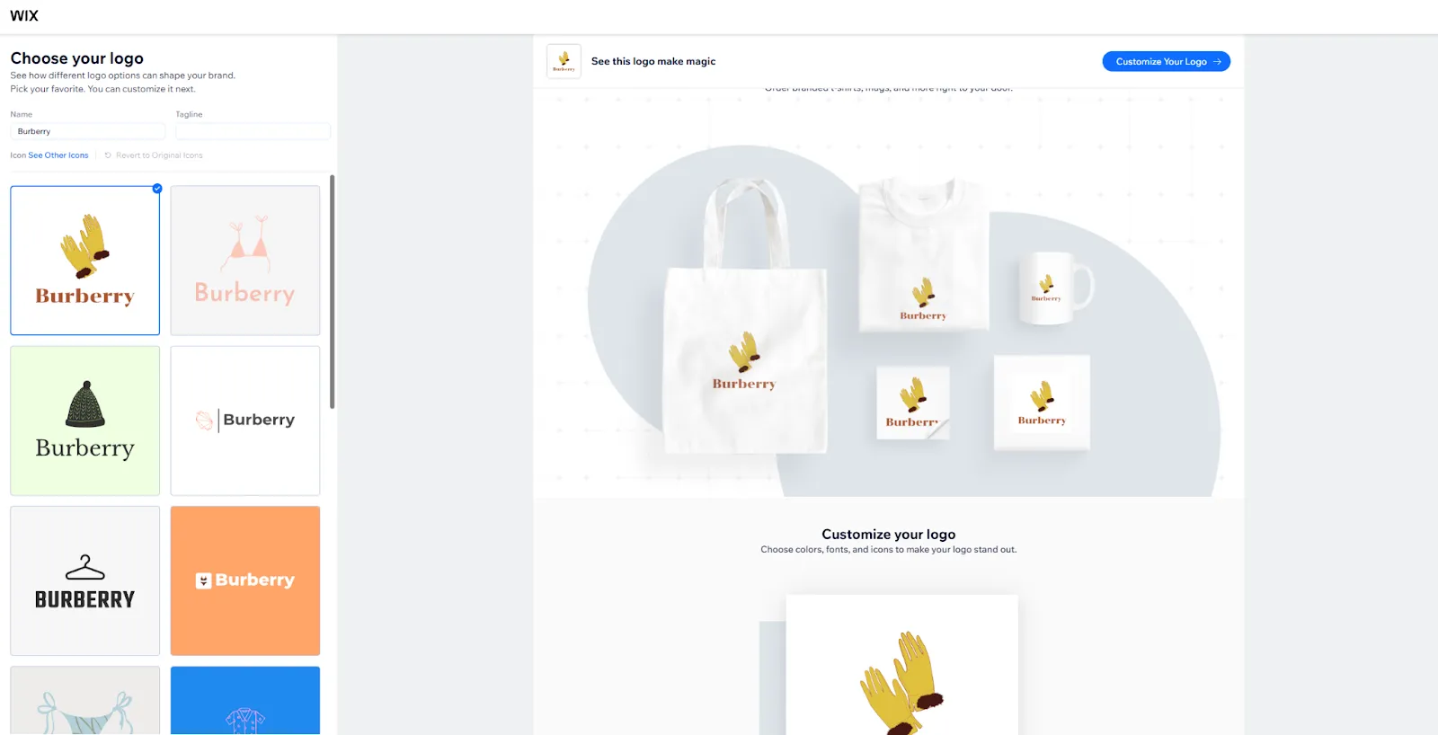 Wix logo selection screen showing multiple logo options and branded mockup previews for customization.