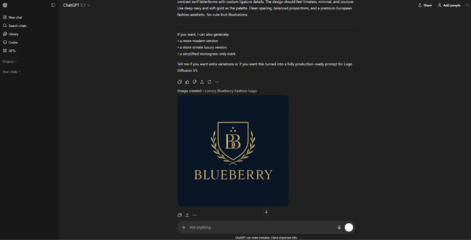 ChatGPT interface displaying a generated luxury “Blueberry” logo with a gold monogram and laurel crest on a dark background.