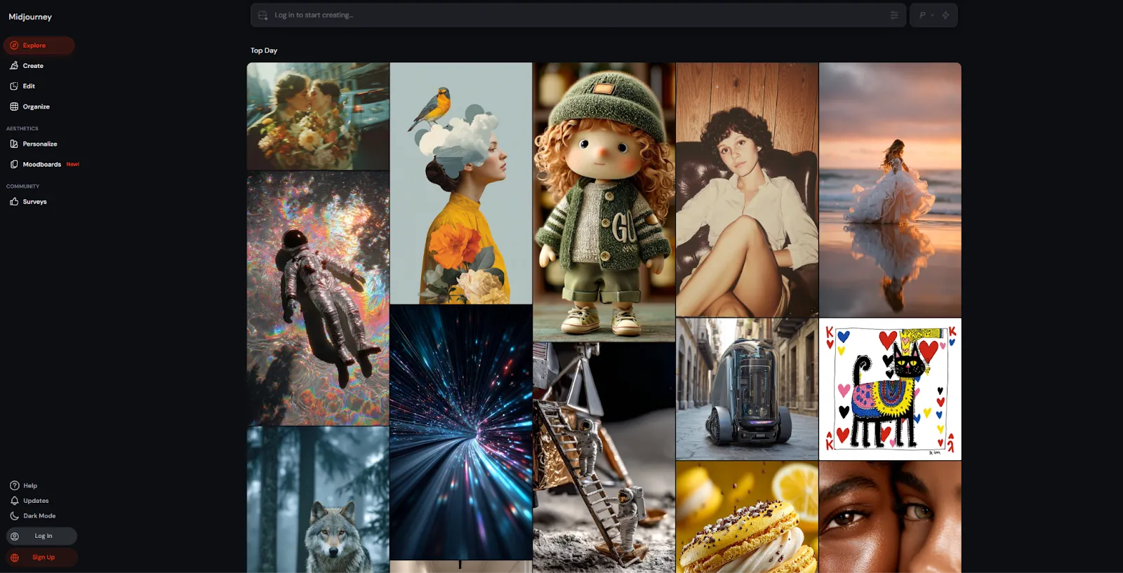 Midjourney explore page showing a grid of trending AI-generated images including portraits, fantasy scenes, and illustrations.