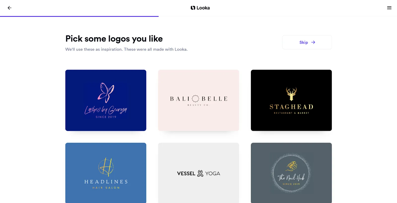 Looka interface asking users to pick logo styles they like as inspiration
