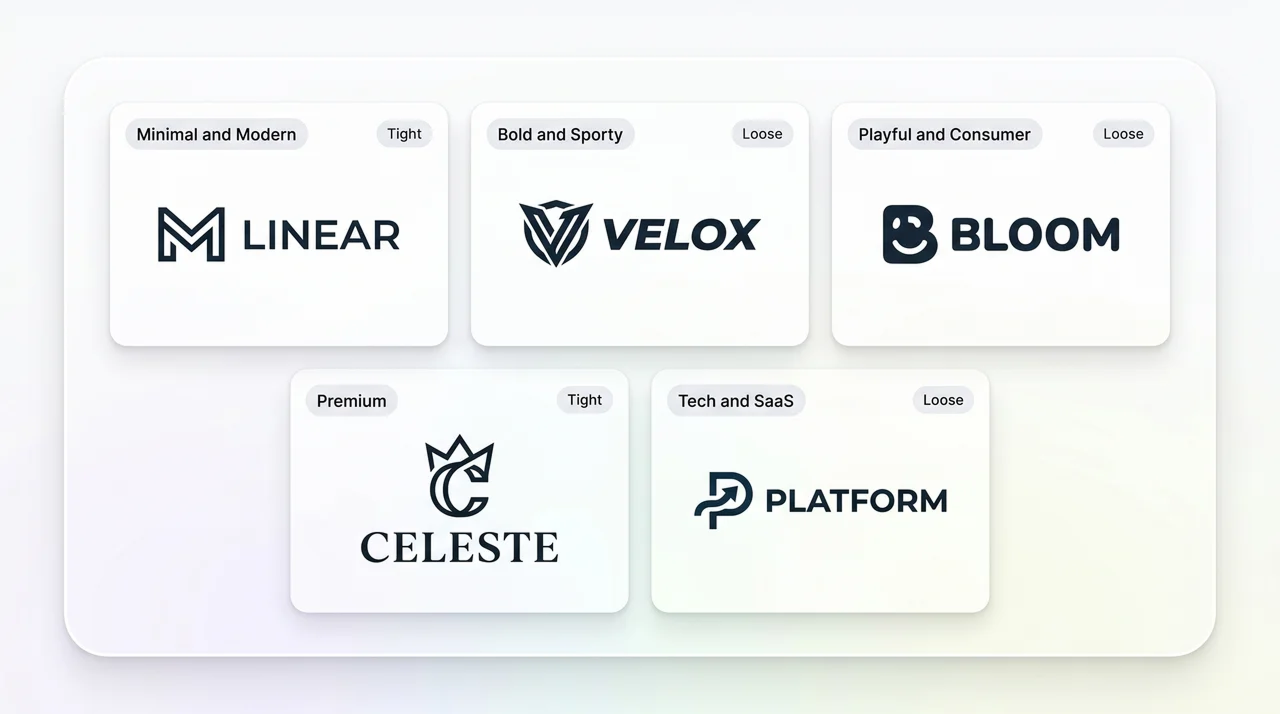 Modern logo style examples displayed in a clean minimalist layout