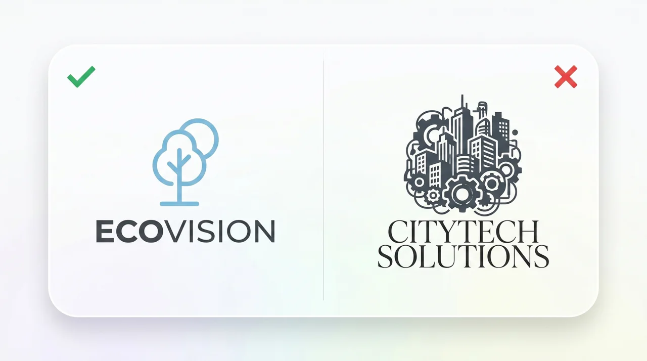 Comparison of a clean minimalist logo design versus an overly detailed ad cluttered logo concept