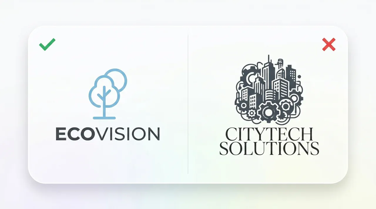 Comparison of a clean minimalist logo design versus an overly detailed ad cluttered logo concept