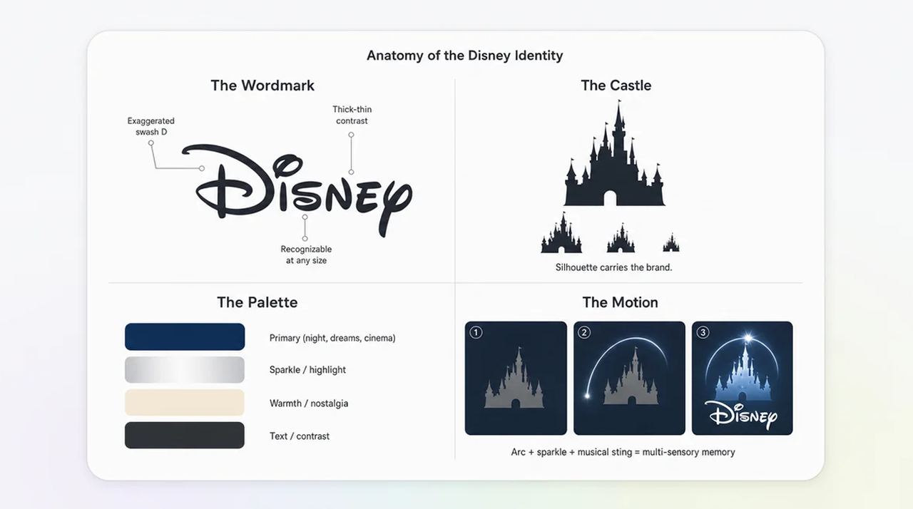 Breakdown of Disney brand identity including wordmark, castle, color palette, and animation sequence