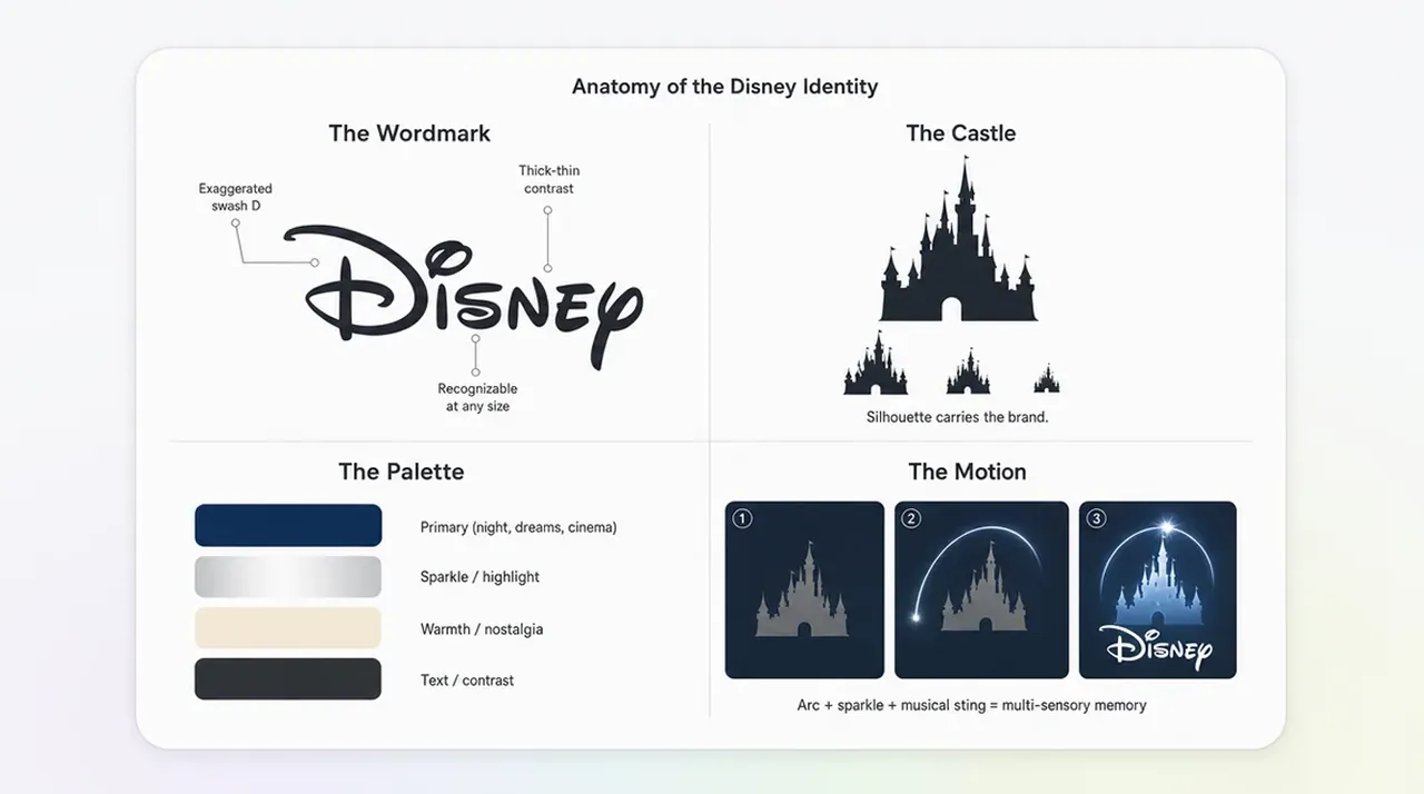 Breakdown of Disney brand identity including wordmark, castle, color palette, and animation sequence
