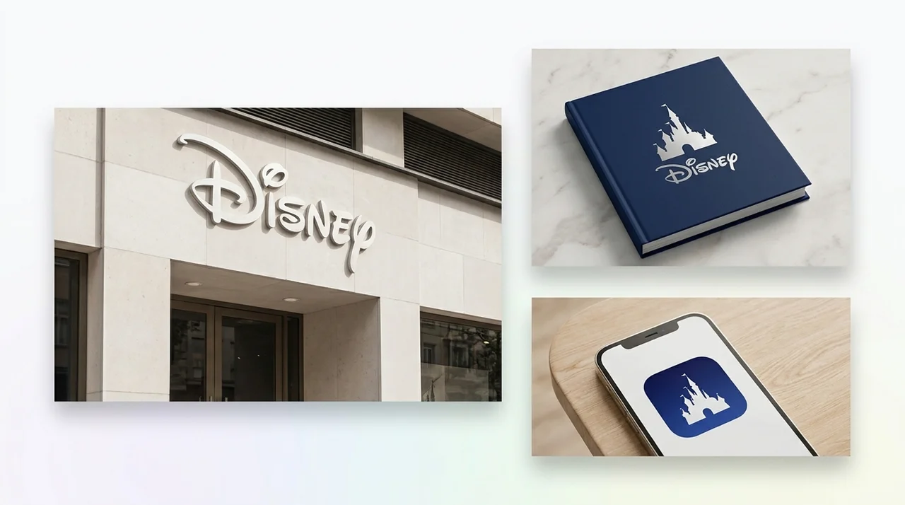 Disney branding applied across storefront signage, notebook cover, and mobile app icon