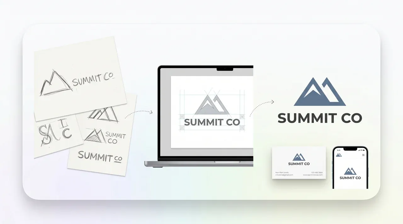 Logo design process from sketch concepts to finalized Summit Co branding system