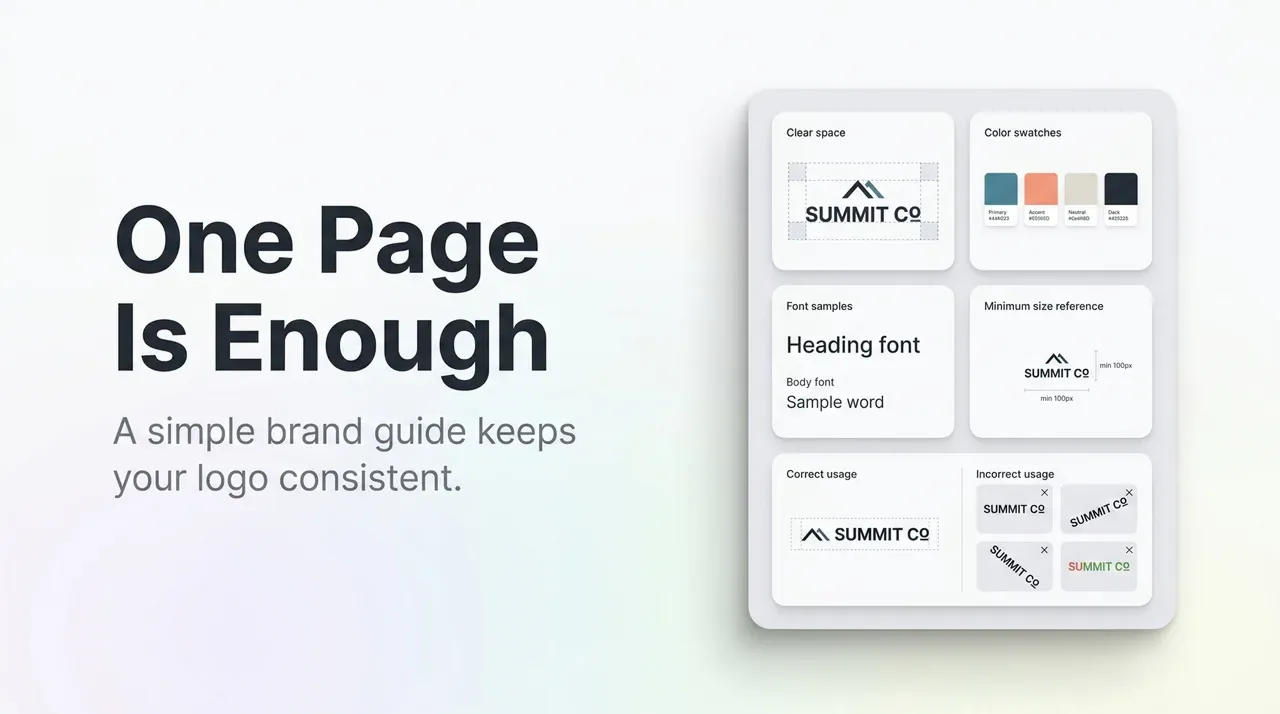 Minimal logo brand guide showing typography, color swatches, and logo usage rules