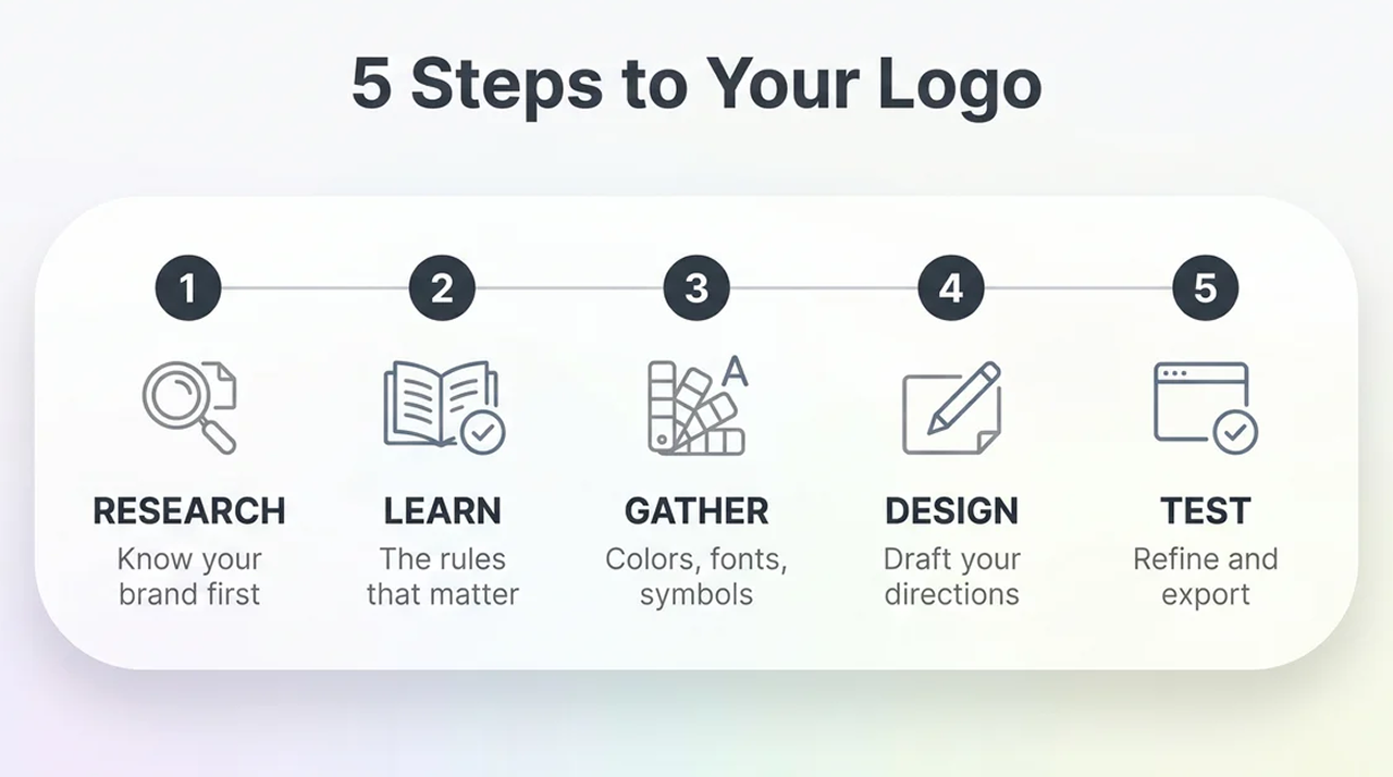 Five-step logo creation process including research, design, testing, and refinement