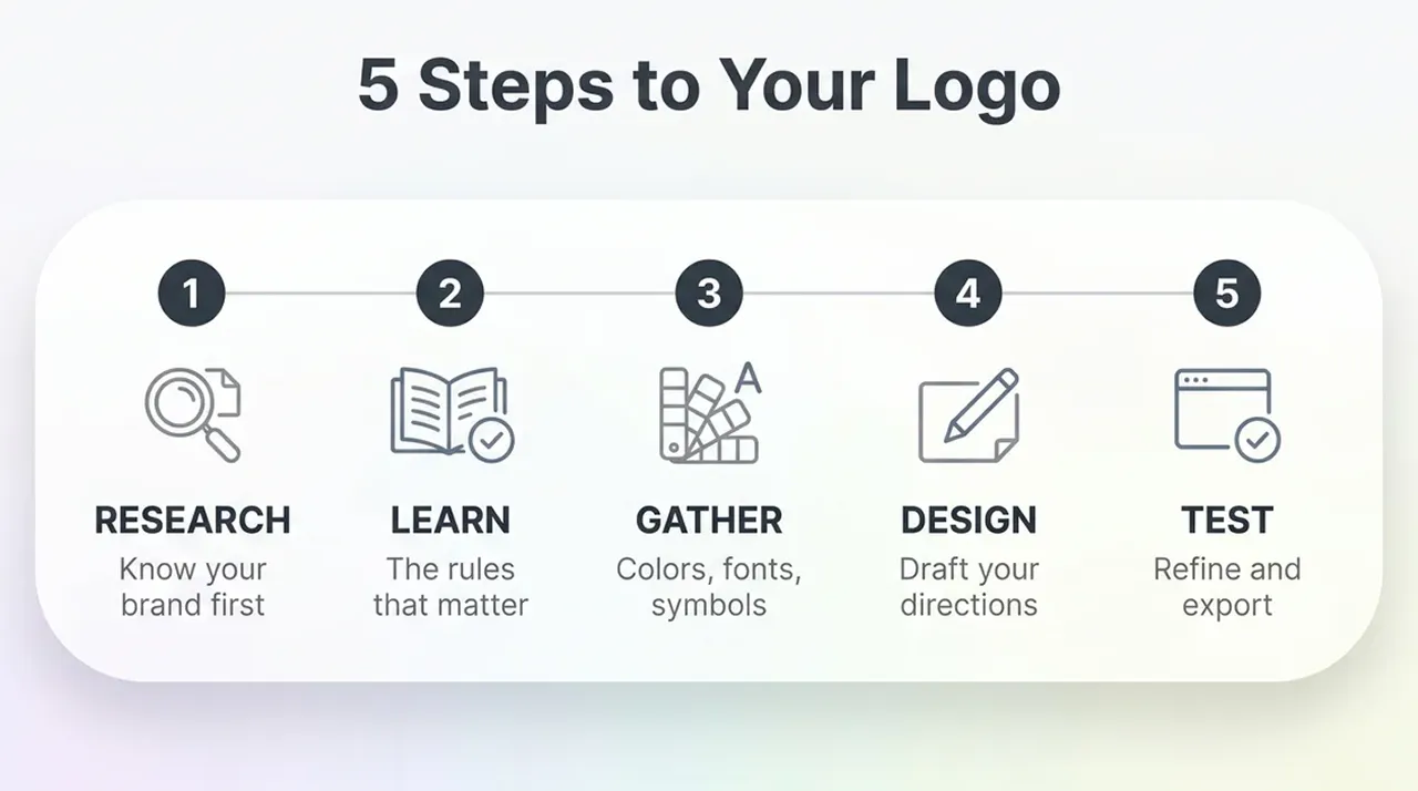 Five-step logo creation process including research, design, testing, and refinement