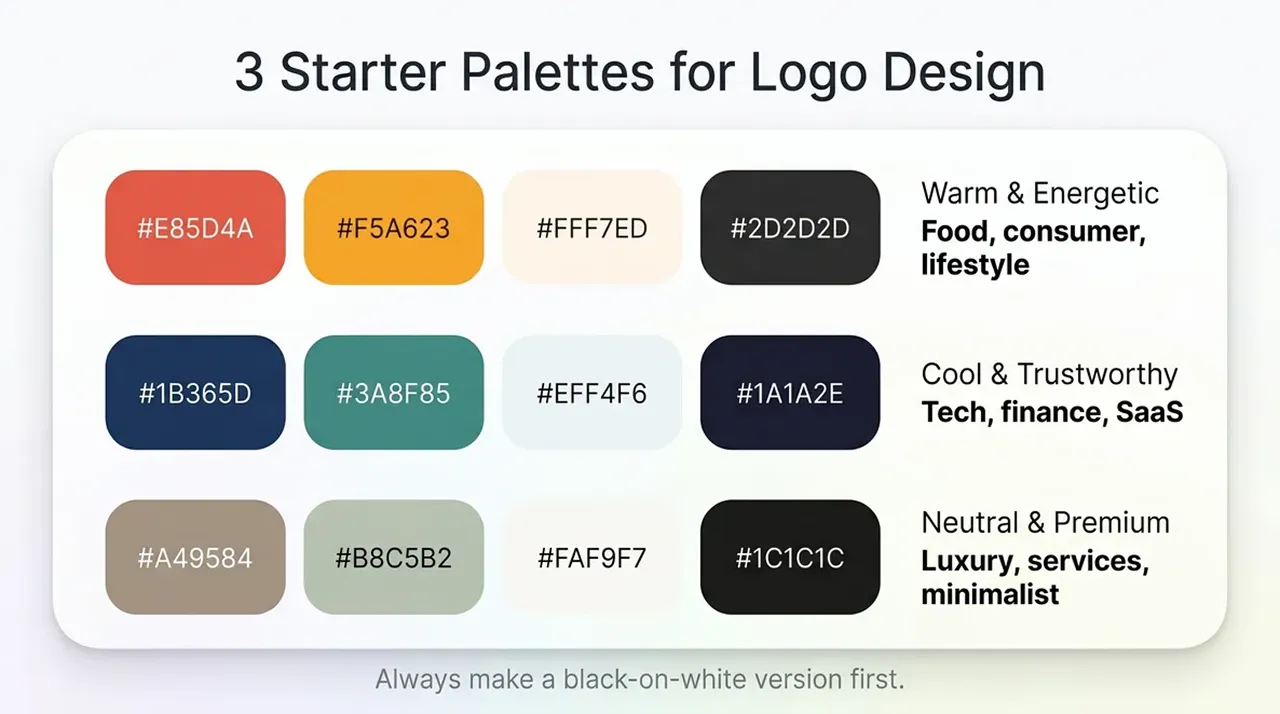 Starter color palettes for logo design across tech, lifestyle, and luxury brands