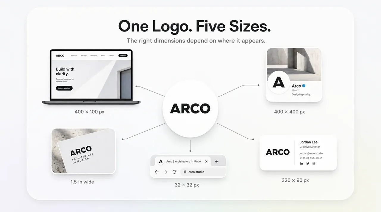 Guide showing recommended logo dimensions for websites, social profiles, favicons, and print materials