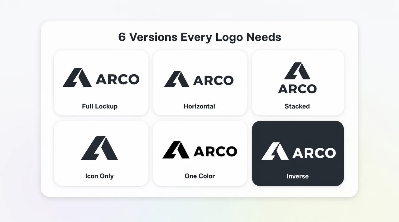Six essential logo variations including horizontal, stacked, icon-only, and inverse versions
