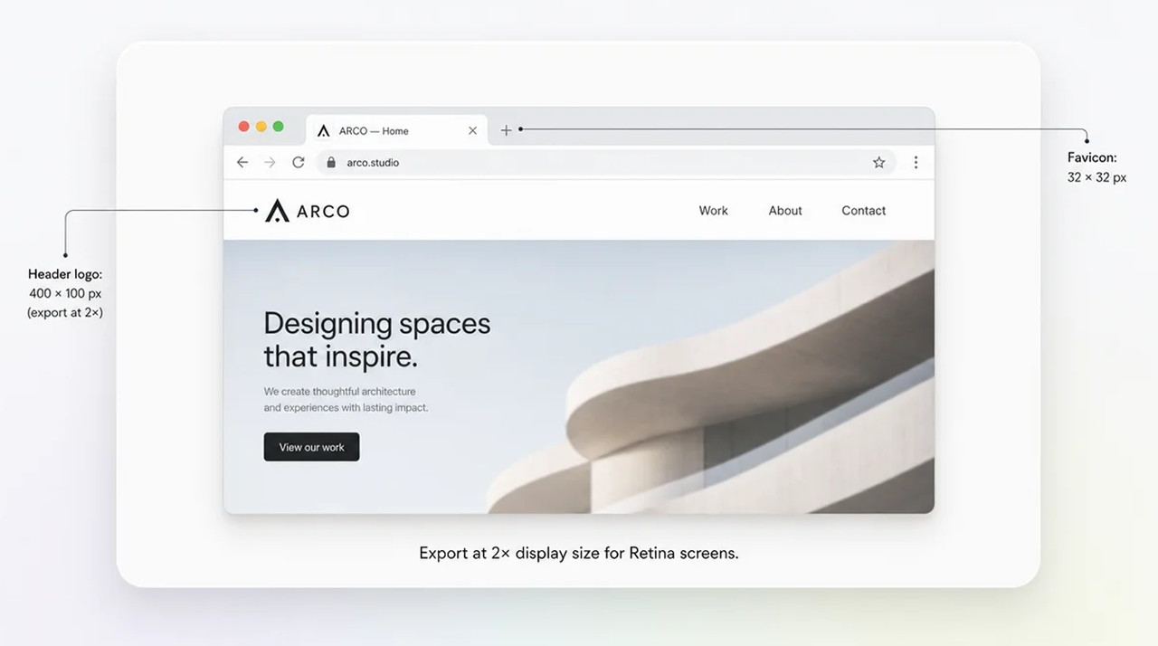 Website header mockup showing recommended logo export sizes for responsive branding