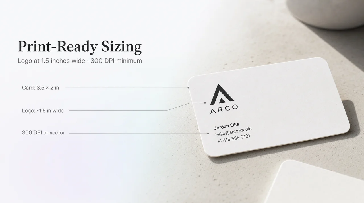 Business card mockup showing print-ready logo sizing and 300 DPI export guidelines