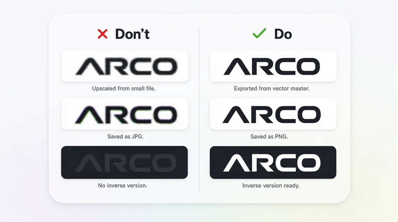 Logo export comparison showing blurry raster files versus clean vector-based logo exports