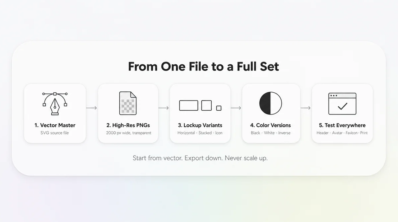 Workflow for exporting logo assets including SVG master files, PNGs, variants, and color versions