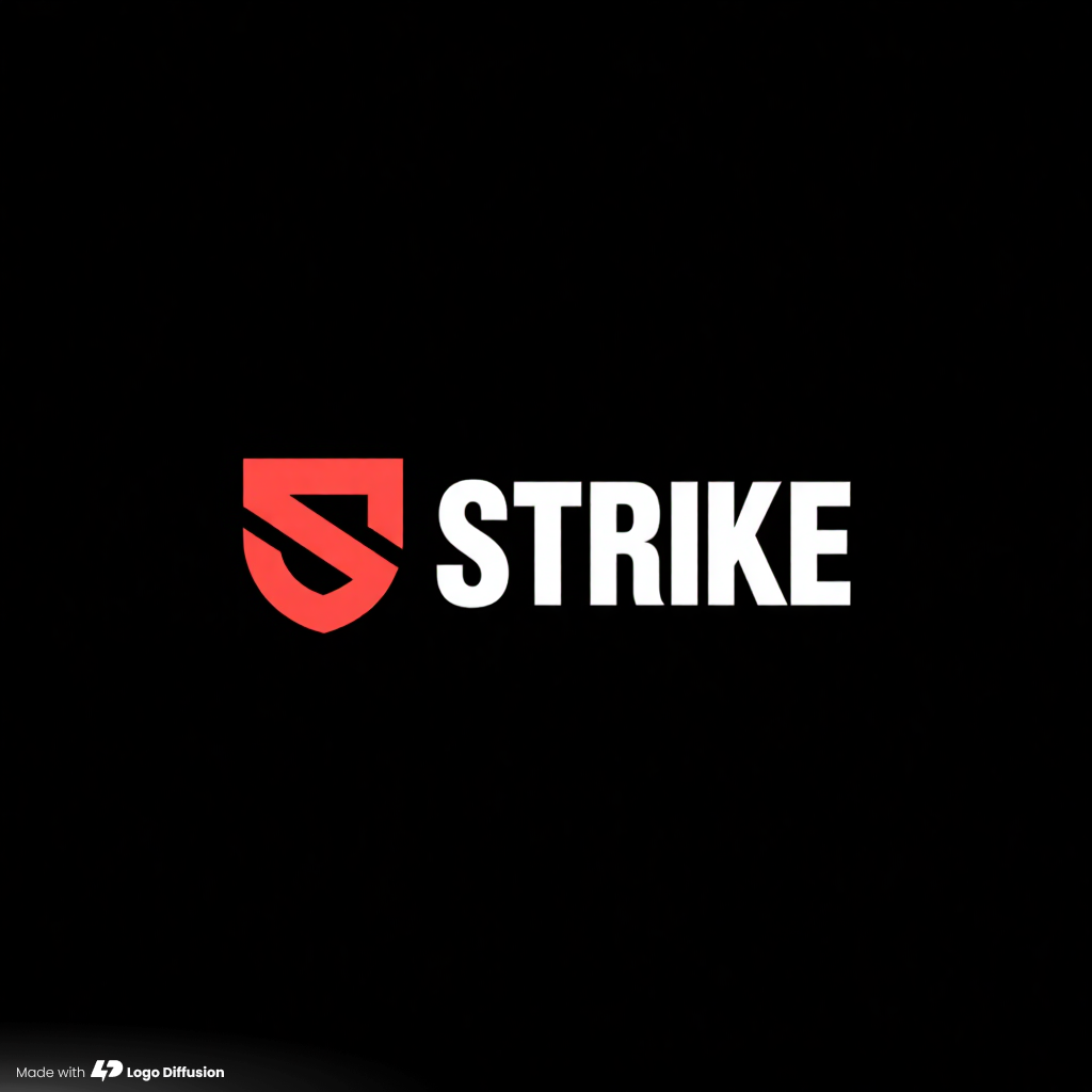 Red shield with a cut-out letter S beside the word STRIKE in bold white capitals on black