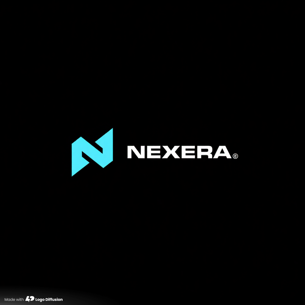 Cyan letter N made of two angled planes beside the word NEXERA in wide white capitals on black